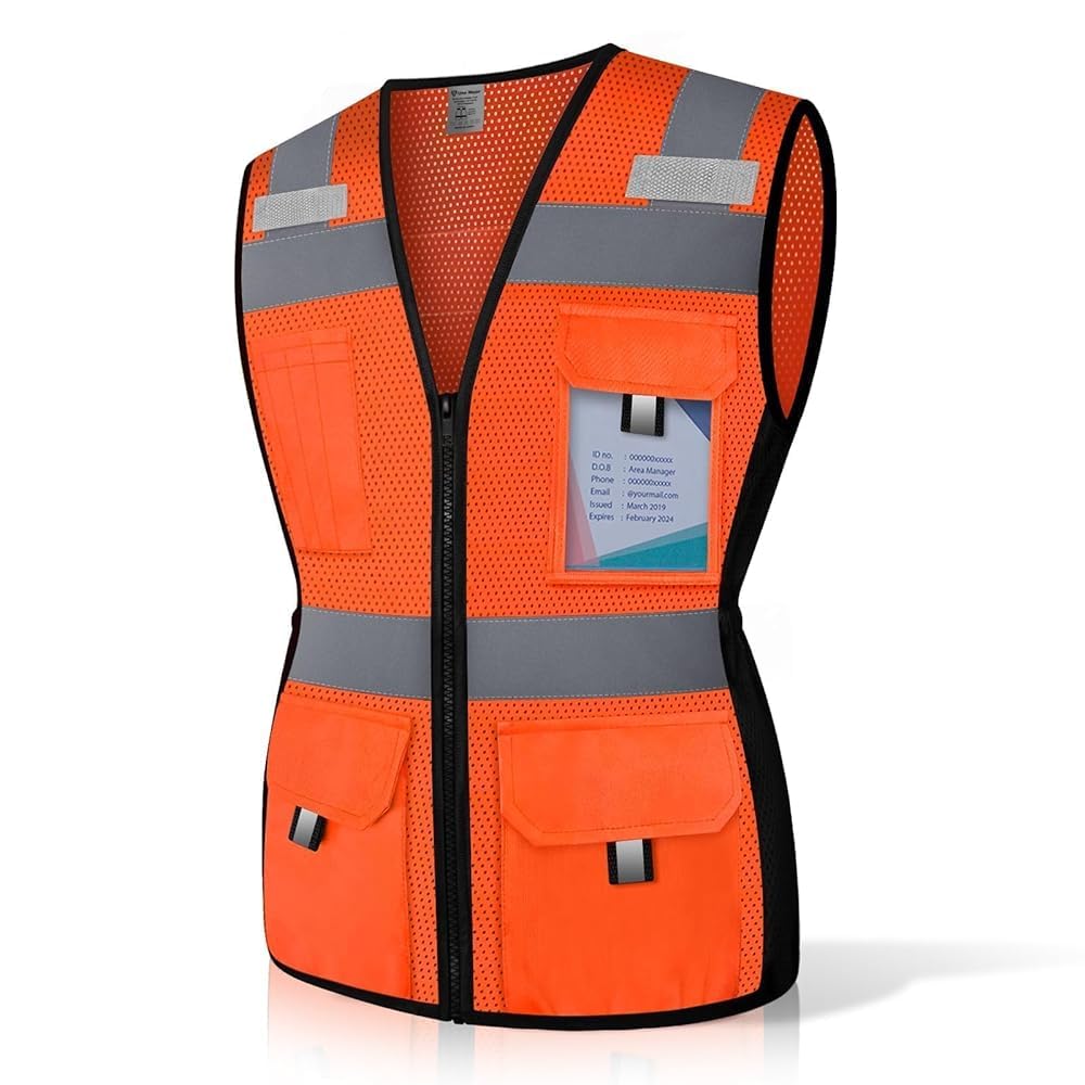 Reflective Vest for Women, Mesh Womens Safety Vest with 11 Pockets and Zipper, Hi Vis Neon Construction Work Vest for Lady Surveyors/Workers, Snugly-Fitted, ANSI Compliant (U-Orange, M) Medium Orange