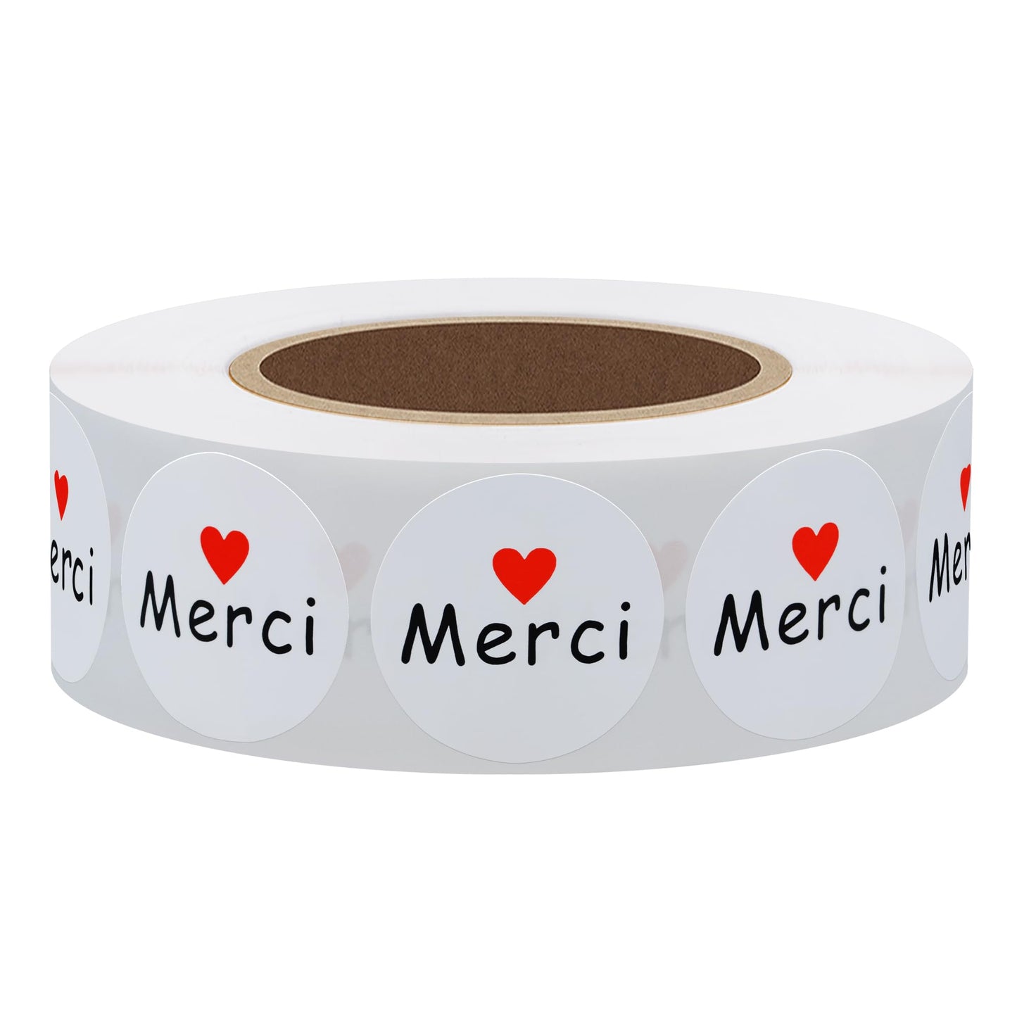 Hybsk 1 Inch Round French Thank You Merci Stickers White Adhesive Labels with Red Heart 1,000 Labels Per Roll