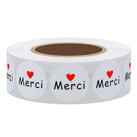 Hybsk 1 Inch Round French Thank You Merci Stickers White Adhesive Labels with Red Heart 1,000 Labels Per Roll