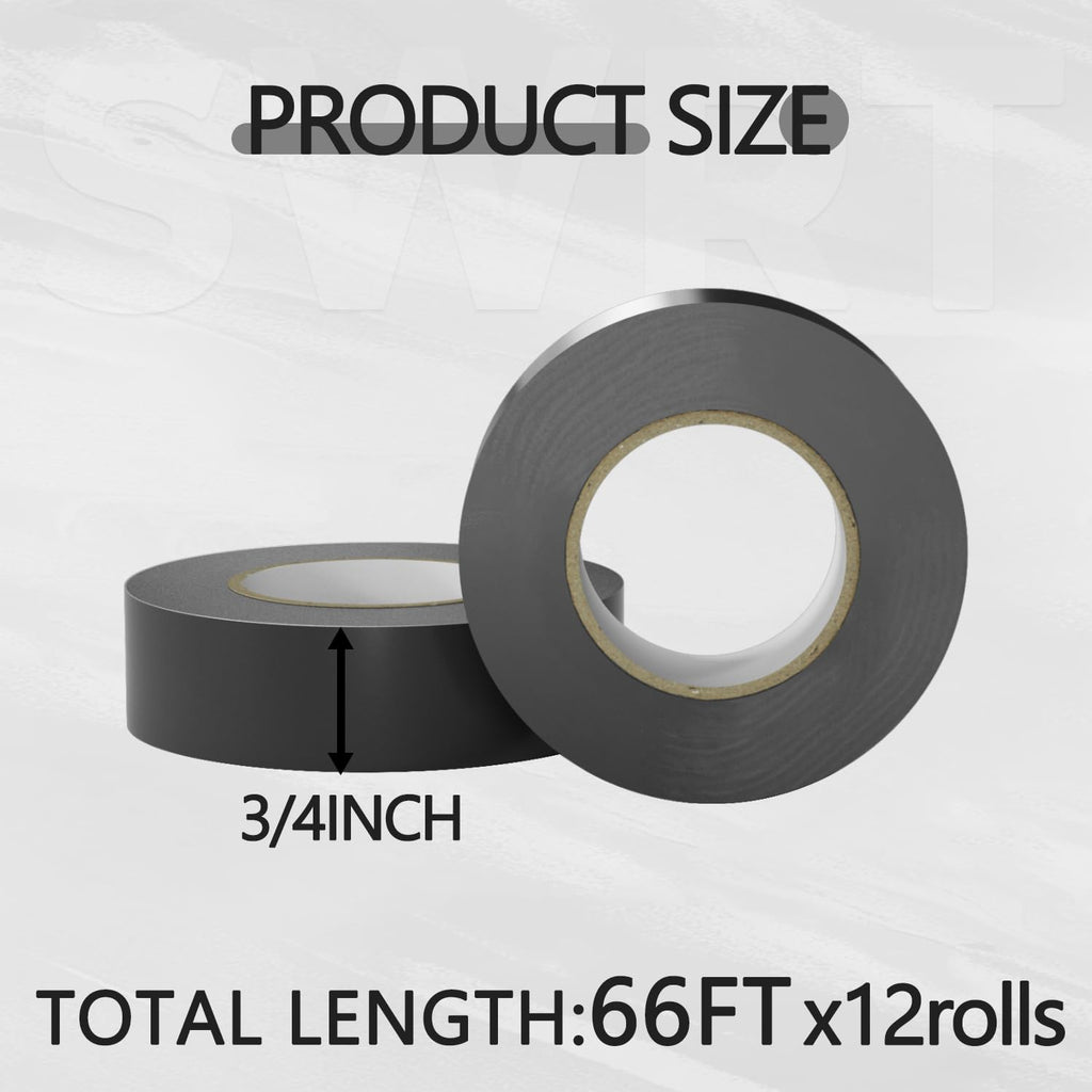 SWRT 0.75" x66ft 12 Pack Electrical Tape, Waterproof Flame Retardant Black