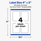 Avery® Matte White Rectangle Labels, 4" x 3", 200 Total 200 labels