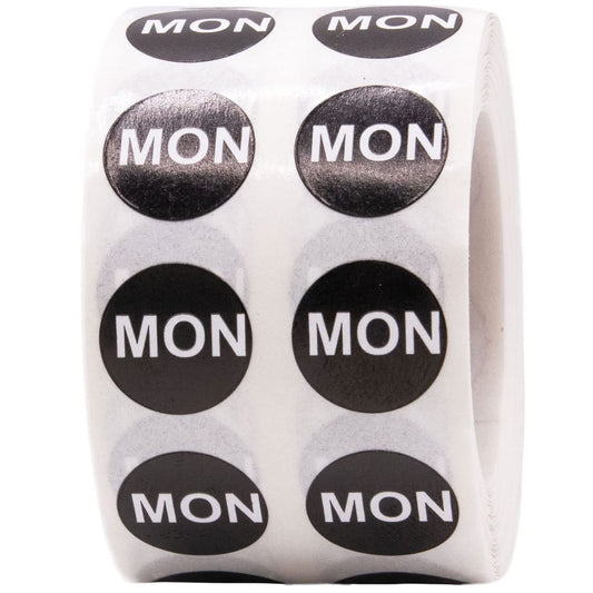 Black Circle Monday Stickers, 1/2 Inch Round, 1000 Labels on a Roll