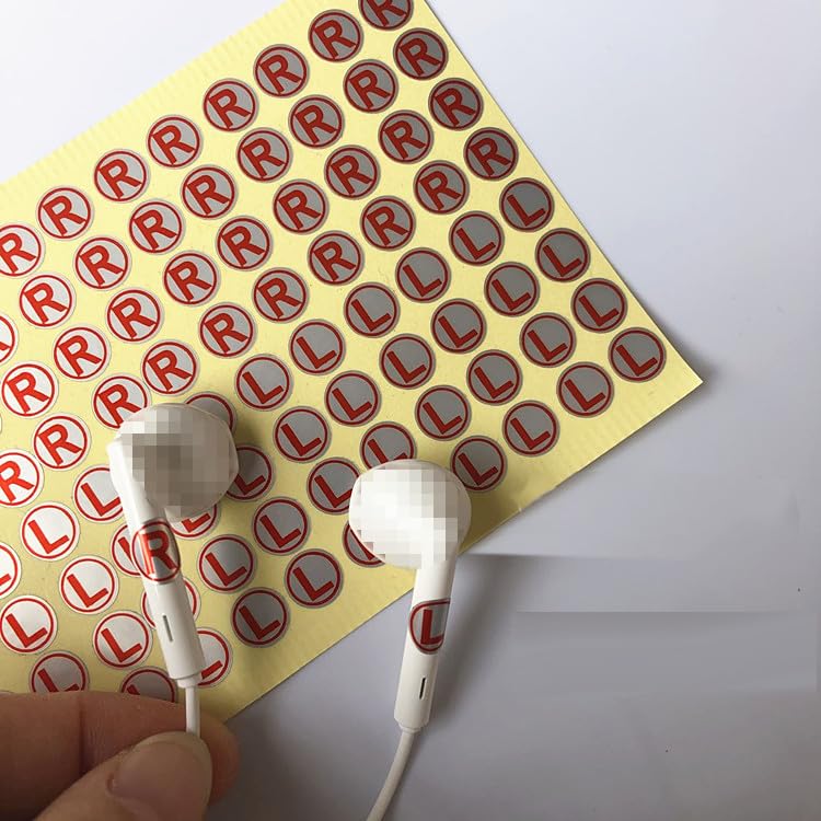 Lasenersm 5 Sheets 8mm L & R Stickers, Silver Background Red Word, PVC Material, Waterproof, Multi-Use, Earphone, Indoor, Red, Letter Print, Round, Polished, Single Use, Typographic