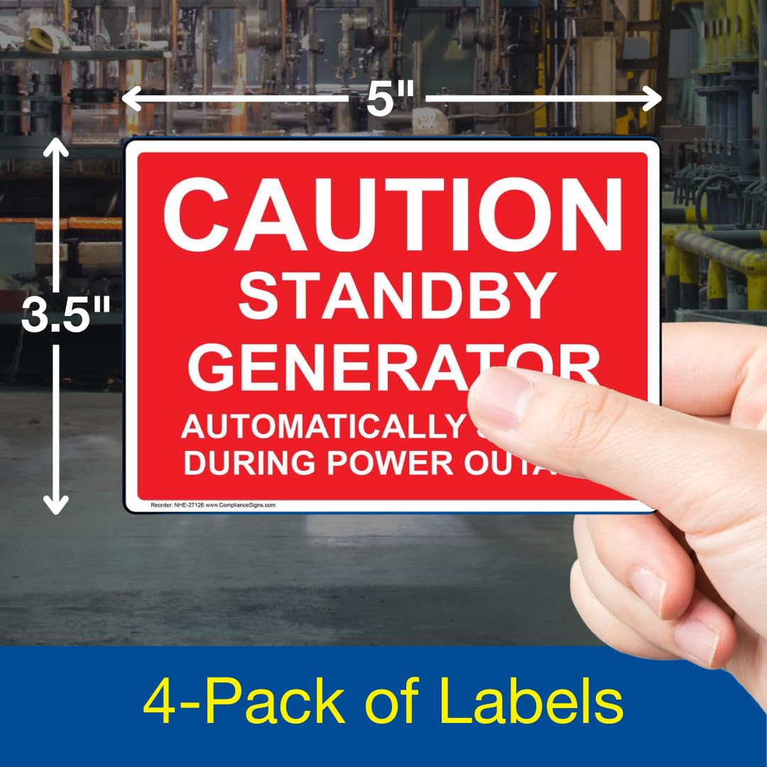ComplianceSigns.com Caution Standby Generator Automatically Starts Label Decal, 5x3.5 in. 4-Pack Vinyl for Electrical Industrial Notices Red 5" x 3.5" - 4 Pack Adhesive Vinyl
