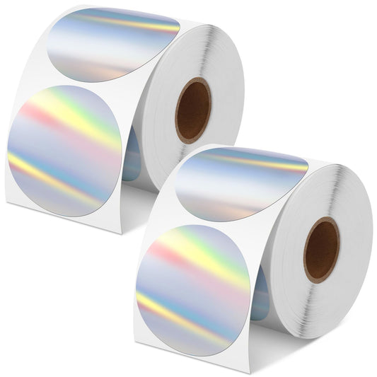 Kosiz 1000 Labels/ 2 Rolls Holographic Thermal Sticker Labels Self Adhesive Printable Thermal Rainbow Stickers for DIY Logo Design Qr Code Name Tag(Holographic Round Style,2") 2" Holographic Round Style