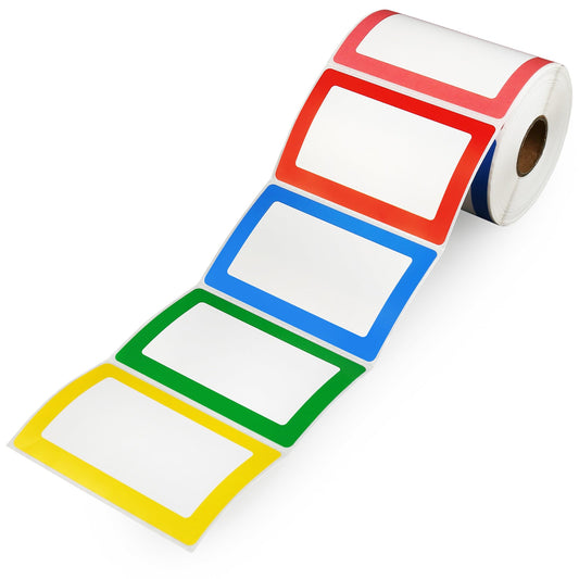 LotFancy 500pcs Name Tag Stickers, 3.5" x 2.25", 5 Colors, Plain Labels, Adhesive Tags with Perforated Line for School Office Home Colored