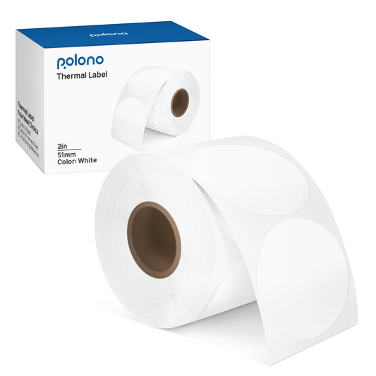 POLONO Genuine 2" White Circle Direct Thermal Labels, Self-Adhesive Thermal Stickers Labels, Thermal Printer Labels for Address, Compatible with POLONO PL80E, PL70E and PL60 Label Printer (750 Labels)
