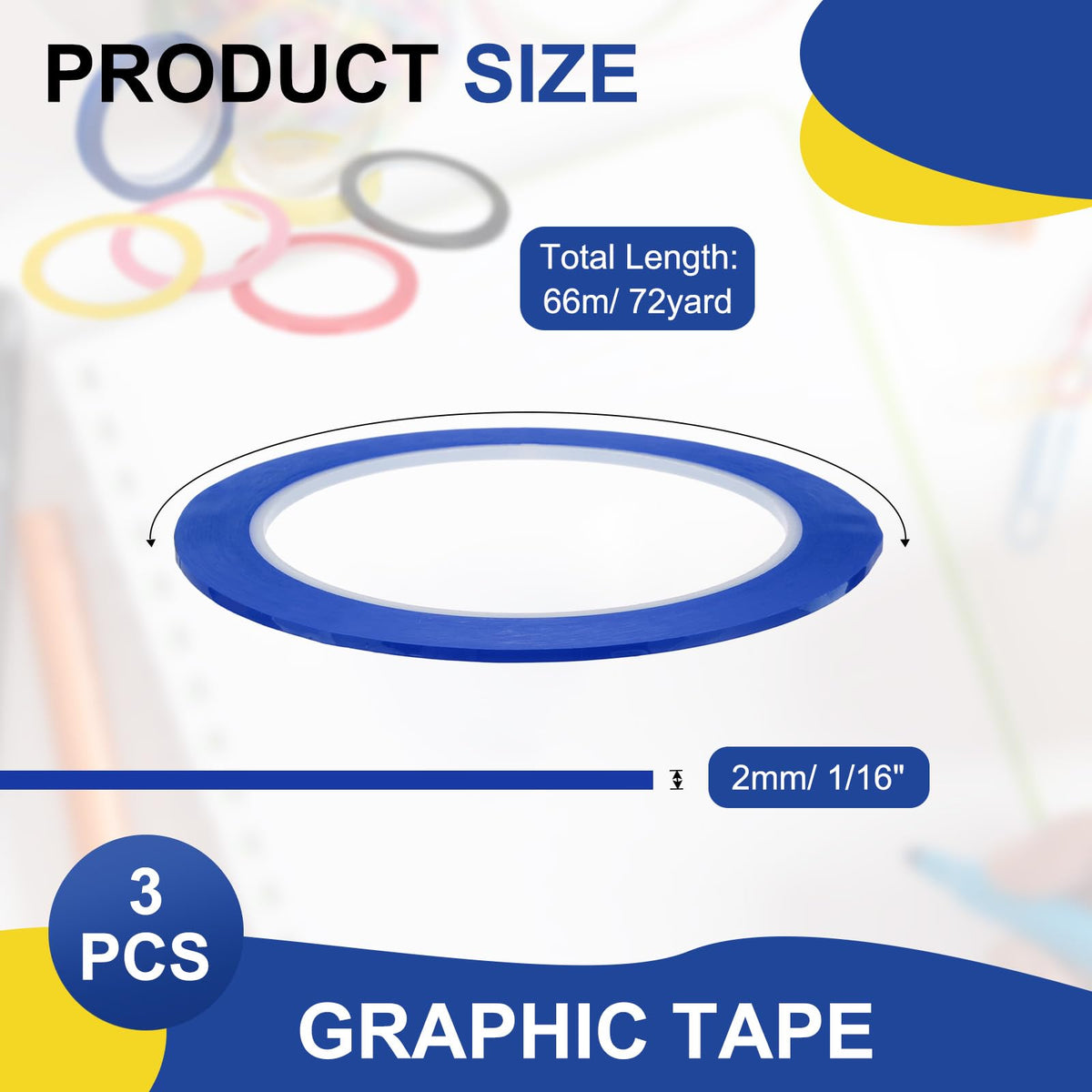 MECCANIXITY Whiteboard Tape 5/64" / 2mm Self Adhesive Graphic Chart Line Tape 72 Yard Grid Marking Stickers for Pinstripe Dry Erase Board Scrapbooking DIY Art Crafts, Blue, Pack of 3 5/64" x 72 Yard