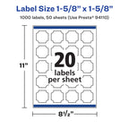 Avery® Matte White Removable Square Scalloped Labels, Sure Feed® Technology, Print-to-The-Edge, 1-5/8" x 1-5/8", 1,000 Removable Labels, Laser/Inkjet Printable 1,000 labels