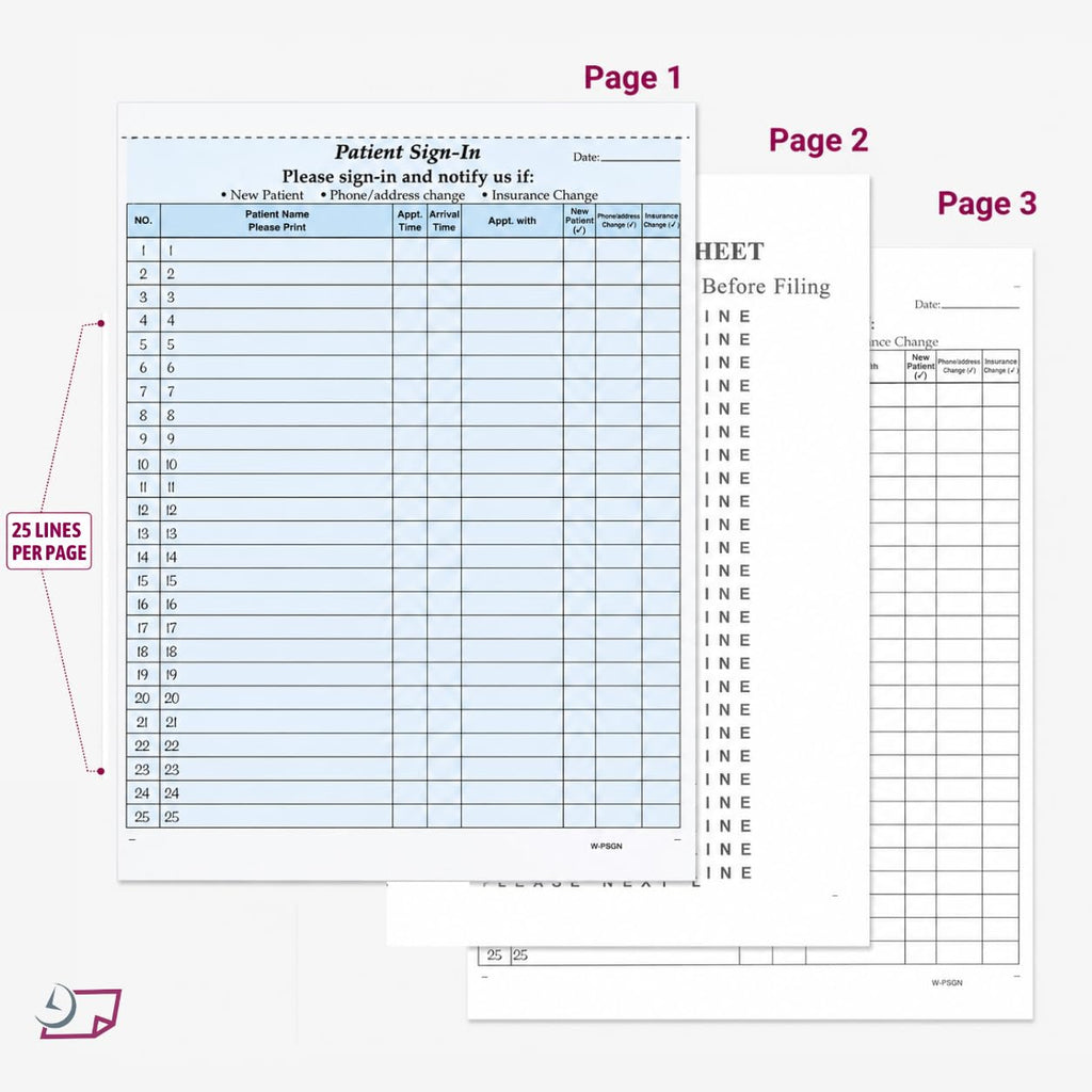 NextDayLabels Patient Sign-in Sheets, 3-Part, Made in USA, Blue, 25 Sets