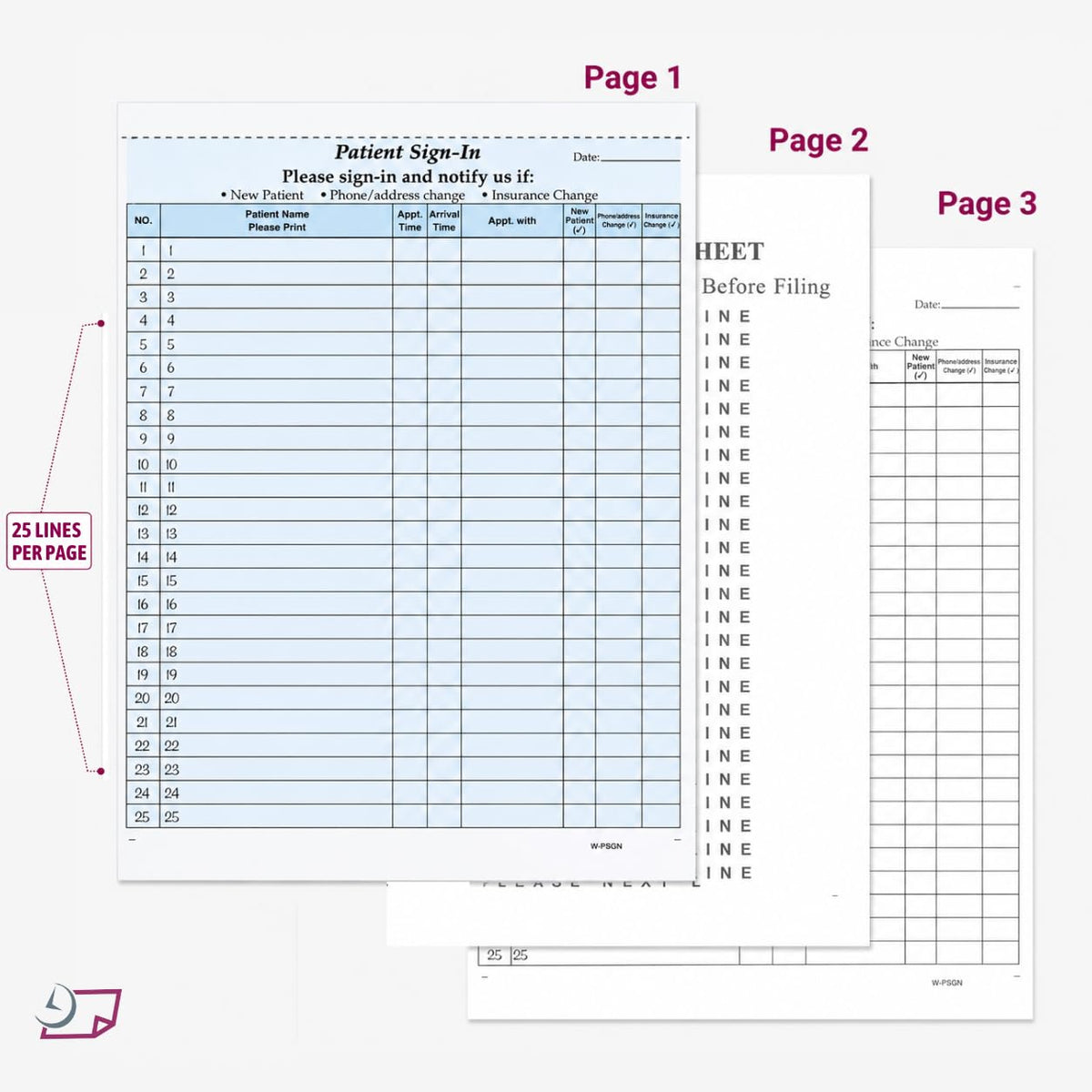 NextDayLabels Patient Sign-in Sheets, 3-Part, Made in USA, Blue, 25 Sets