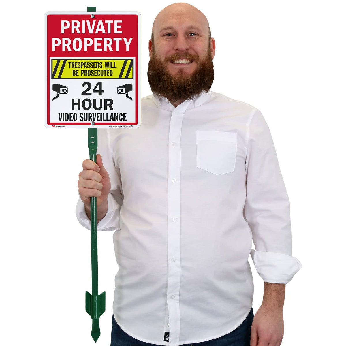 SmartSign 12" x 10" 'Private Property Trespassers Prosecuted, 24 Hour Video Surveillance' Yard Sign with 3 ft Stake, 40 mil Aluminum 3M Laminated Engineer Grade Reflective Material Reflective Aluminum Sign with 3' Stake