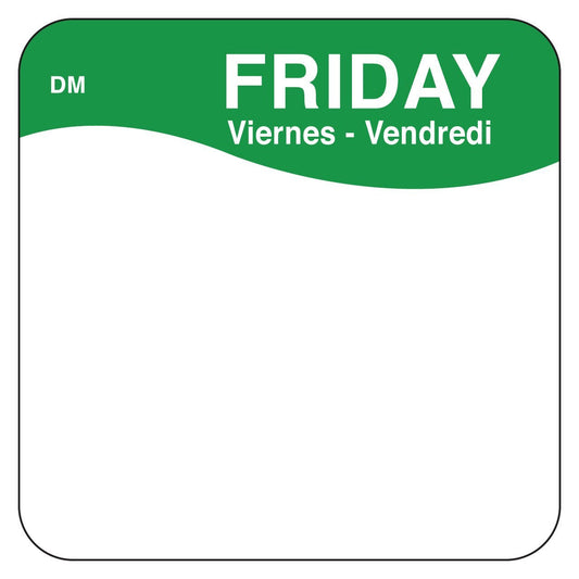 DayMark Safety Systems DissolveMark IT1133335 Day of The Week, Trilingual Label, Friday, 2" x 2", Green, Roll of 250