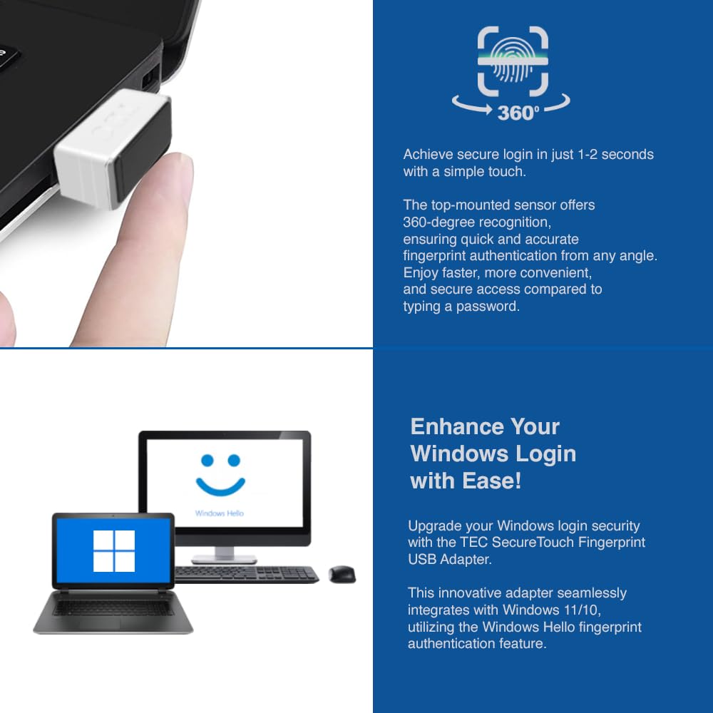 TEC SecureTouch TE-FPA4-MC USB Fingerprint Reader with ESS Enhanced Sign-in Security – Match-On-Chip Encryption, 360° Biometric Sensor, 0.23s Fast Login, Password-Free Windows Hello PC Sign-in
