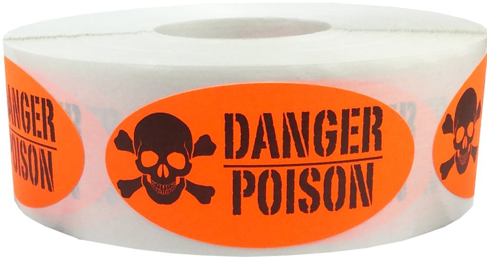Danger Poison Labels Fluorescent Red 1 x 2 Inch Oval 500 Total Stickers