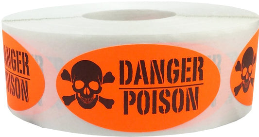 Danger Poison Labels Fluorescent Red 1 x 2 Inch Oval 500 Total Stickers