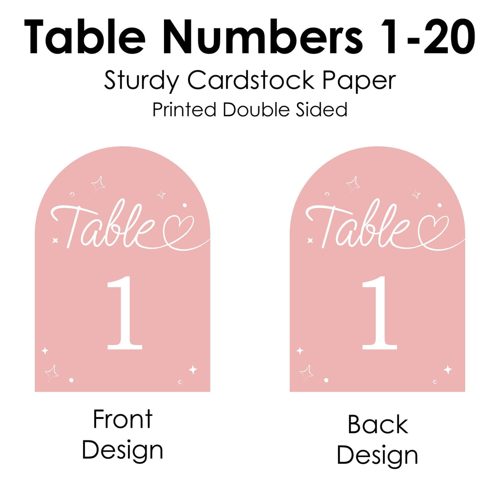 Big Dot of Happiness Wedding Hearts Pink Table Numbers, Engagement and Anniversary Party Decor, Wedding Centerpieces, Double-Sided 5 x 7 inches Cards, Table Numbers - 1-20