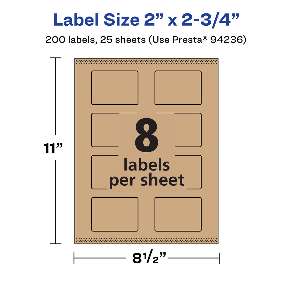 Avery® Kraft Brown Rectangle Labels, Sure Feed® Technology, 2" x 2.75", 200 Kraft Brown Labels, Print-to-The-Edge, Laser/Inkjet Printable 200 labels