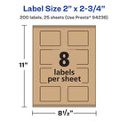 Avery® Kraft Brown Rectangle Labels, Sure Feed® Technology, 2" x 2.75", 200 Kraft Brown Labels, Print-to-The-Edge, Laser/Inkjet Printable 200 labels