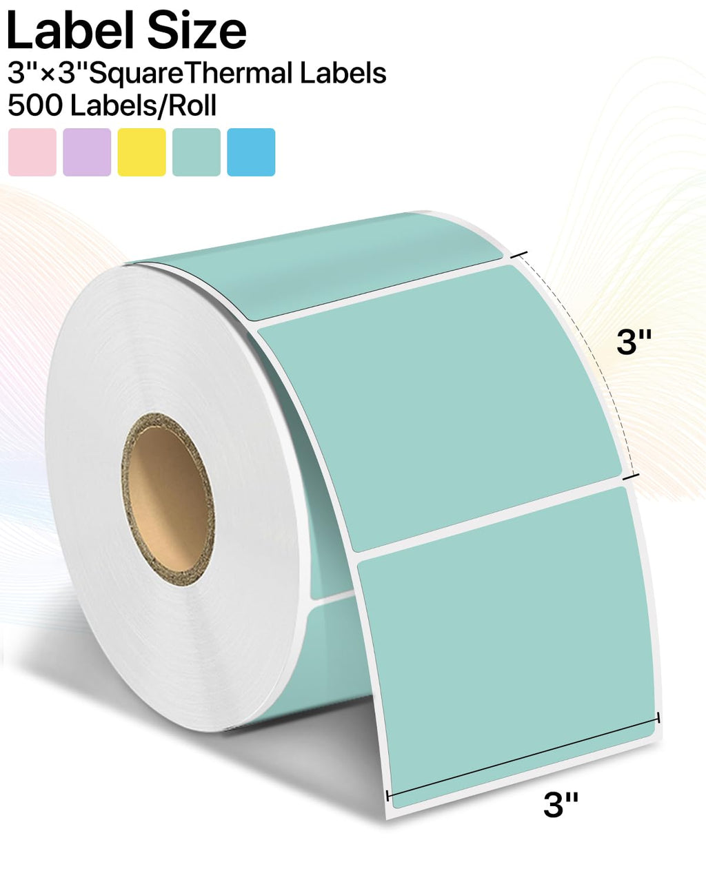 3"x3" Square Thermal Labels Stickers, Green, 500 Sheets/Roll