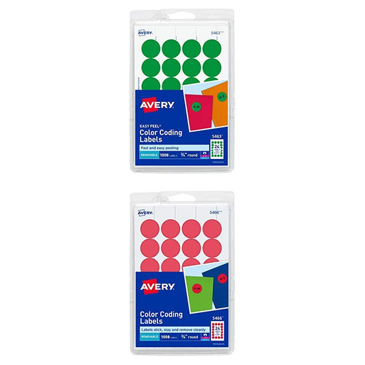 Avery Print/Write Self-Adhesive Removable Labels, 0.75 Inch Diameter, Green, 1008 per Pack (5463) + Red, 1008 per Pack (5466)