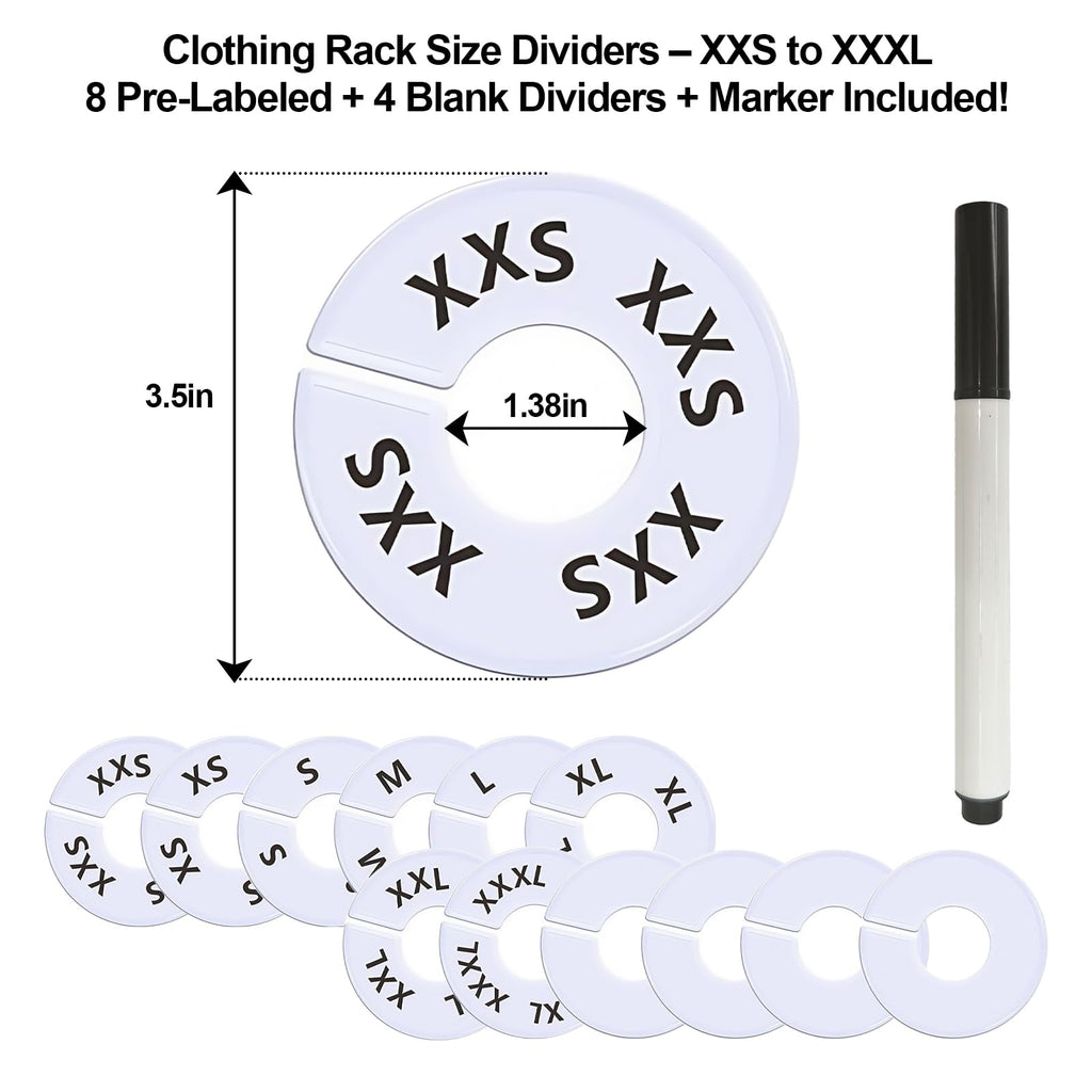 13 Pcs Clothing Rack Size Dividers Round White Plastic Size Markers for Clothing Rack Pre-Labeled (XXS-XXXL) & Blank Dividers & Erasable Pen for Closet, Retail Store, Wardrobe 13 Pcs