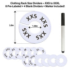 13 Pcs Clothing Rack Size Dividers Round White Plastic Size Markers for Clothing Rack Pre-Labeled (XXS-XXXL) & Blank Dividers & Erasable Pen for Closet, Retail Store, Wardrobe 13 Pcs