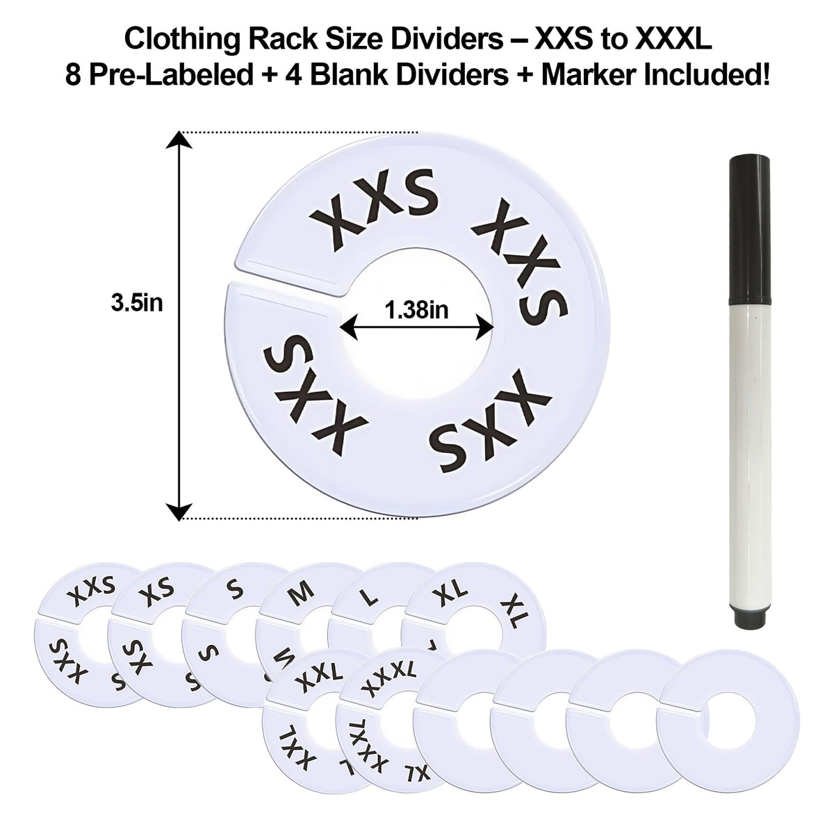 13 Pcs Clothing Rack Size Dividers Round White Plastic Size Markers for Clothing Rack Pre-Labeled (XXS-XXXL) & Blank Dividers & Erasable Pen for Closet, Retail Store, Wardrobe 13 Pcs