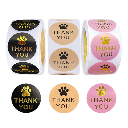 1500 Pcs Pet Paw Print Decals Thank You Sticker， Round Dog Paw Print Thank You Envelope Stickers Roll for Small Business，Round Kraft Labels Stickers