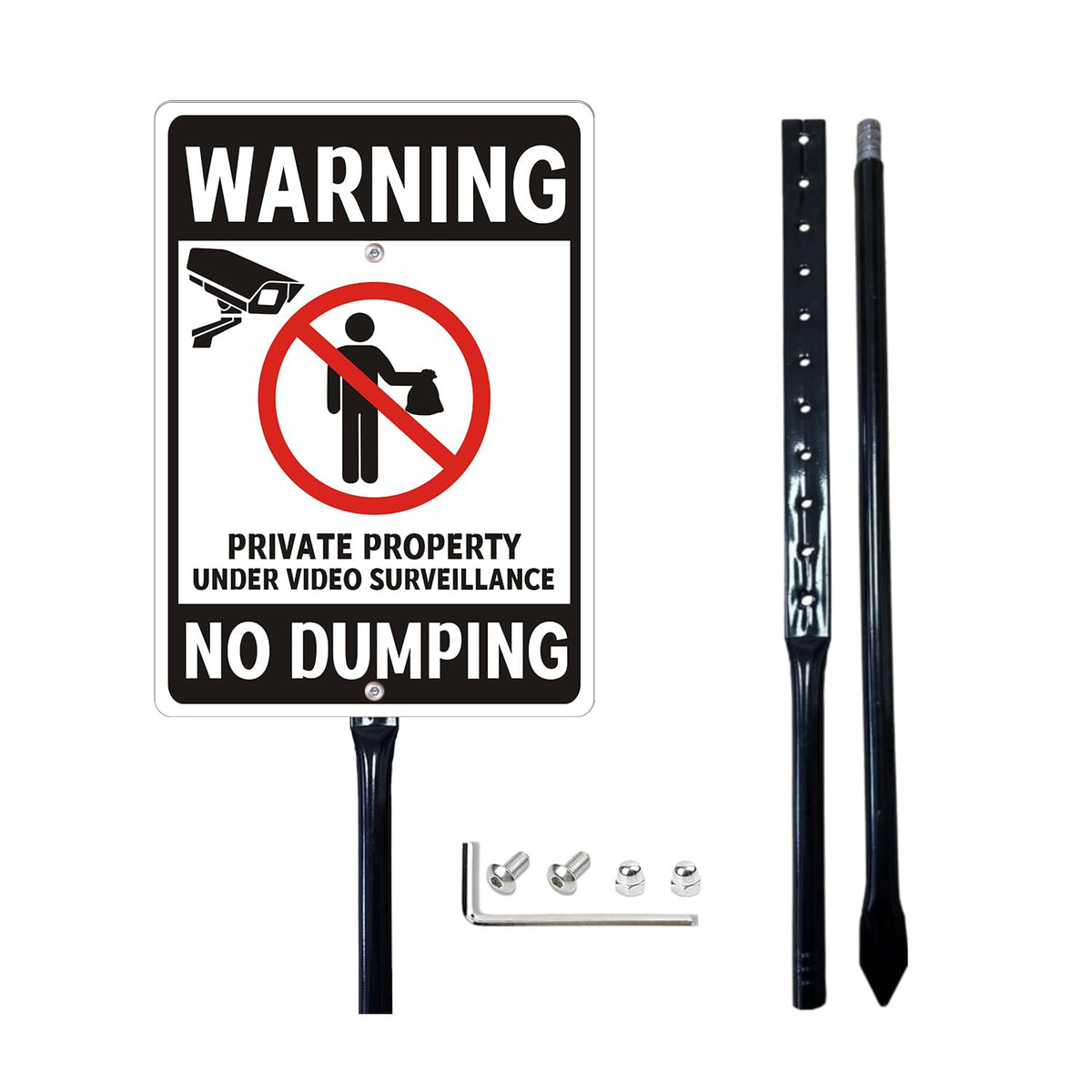 No Dumping Sign with 34.6" Stake, 10"x14" Metal No Dumping Allowed Sign, Private Property No Illegal Dumping Yard Sign with Video Surveillance Notice