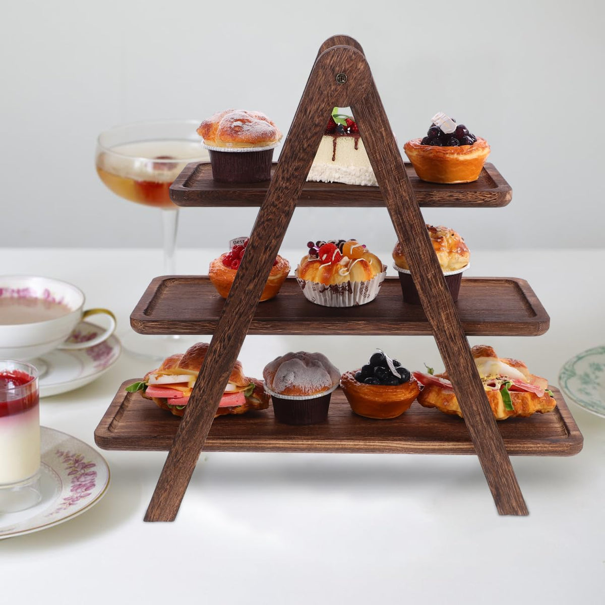 CALLARON Wooden Three-Tier Tray Storage Rack Brown