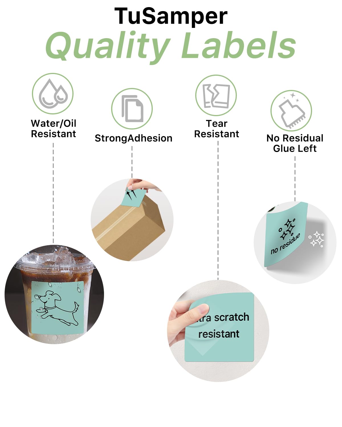 3"x3" Square Thermal Labels Stickers, Green, 500 Sheets/Roll