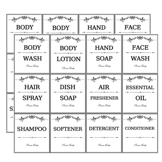 Printed Bathroom Labels Set 24PCS Waterproof Refillable Bottles Stickers for Dish Soap Body Wash Conditioner Shampoo Display White-Style B