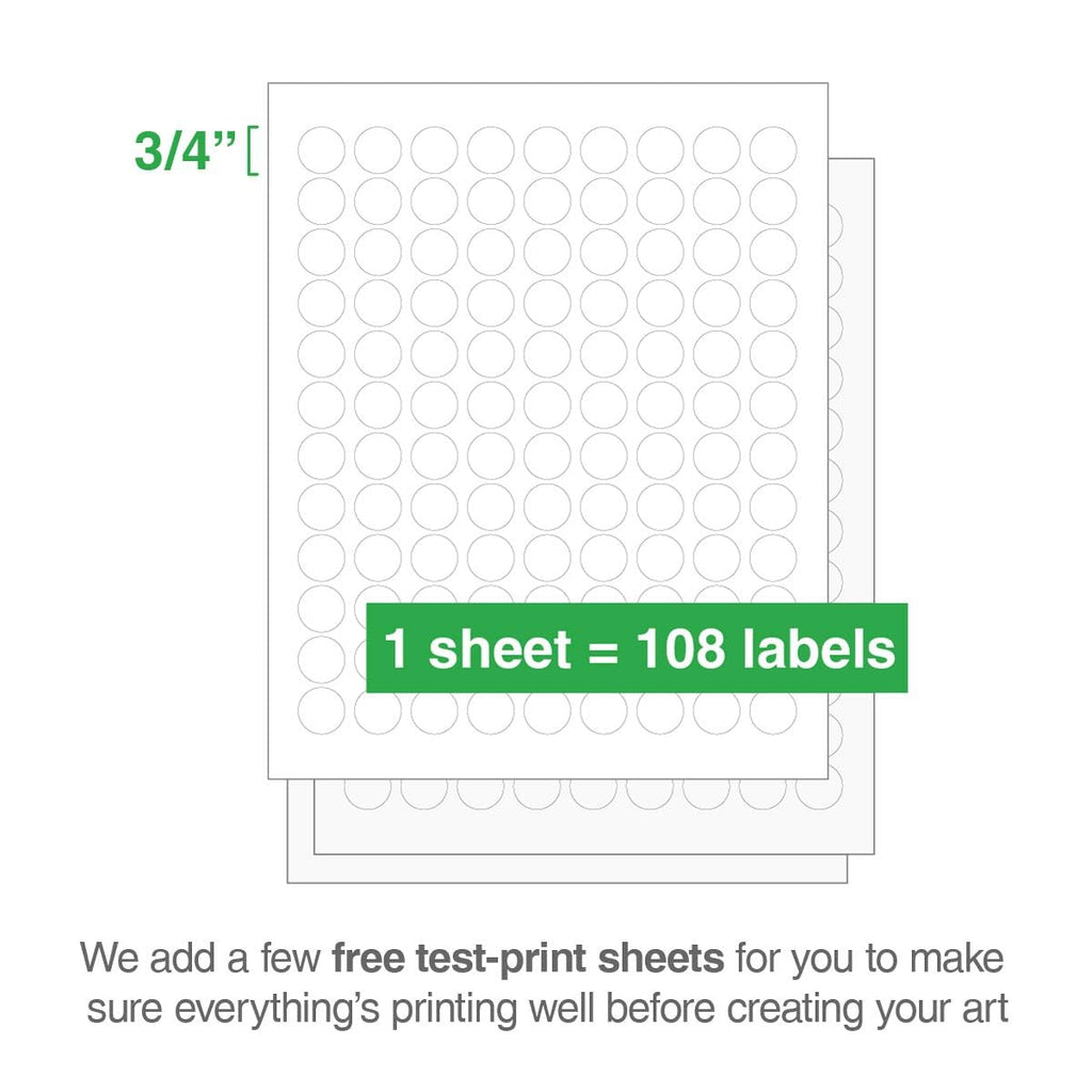 ChromaLabel 0.75-inch round printable labels for laser and inkjet printers, white stickers with 108 dots per sheet.