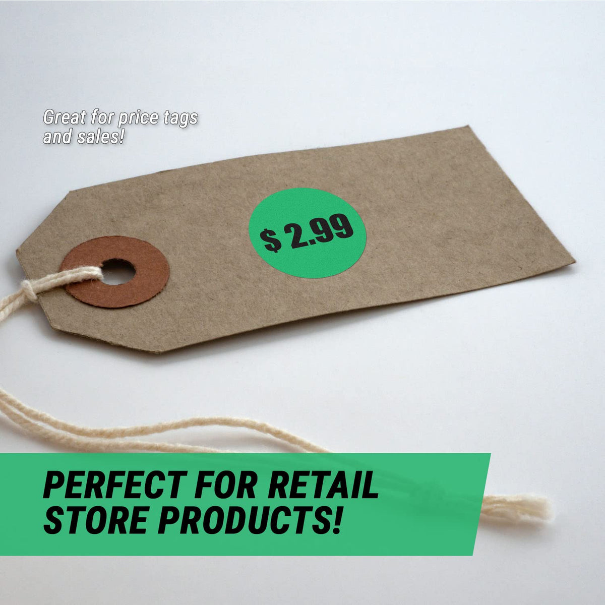 Preprinted fluorescent green 1.5-inch round price stickers on a roll, ideal for retail, garage, yard sales, and flea market labels.