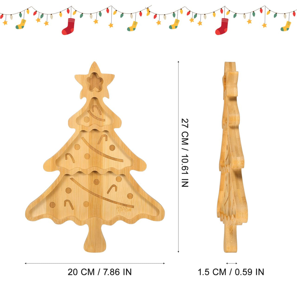 Veemoon Christmas Tree Serving Platter Small Bamboo Charcuterie Board Appetizer Display Tray Divided Candy Dish with 3 Compartments Snack Dessert Candy Fruit Plates for Xmas Party