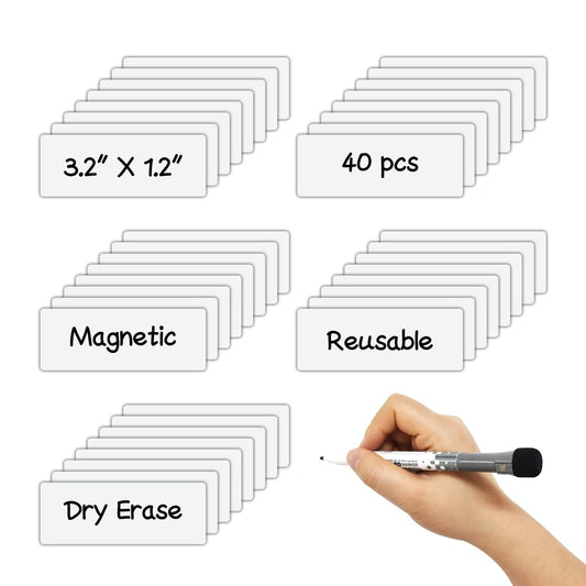 Dry Erase Magnetic Labels 3.1x1.2 Inch White, Reusable Magnetic Dry Erase Labels for Whiteboards，Pack of 40 3.1 x 1.2 Inch