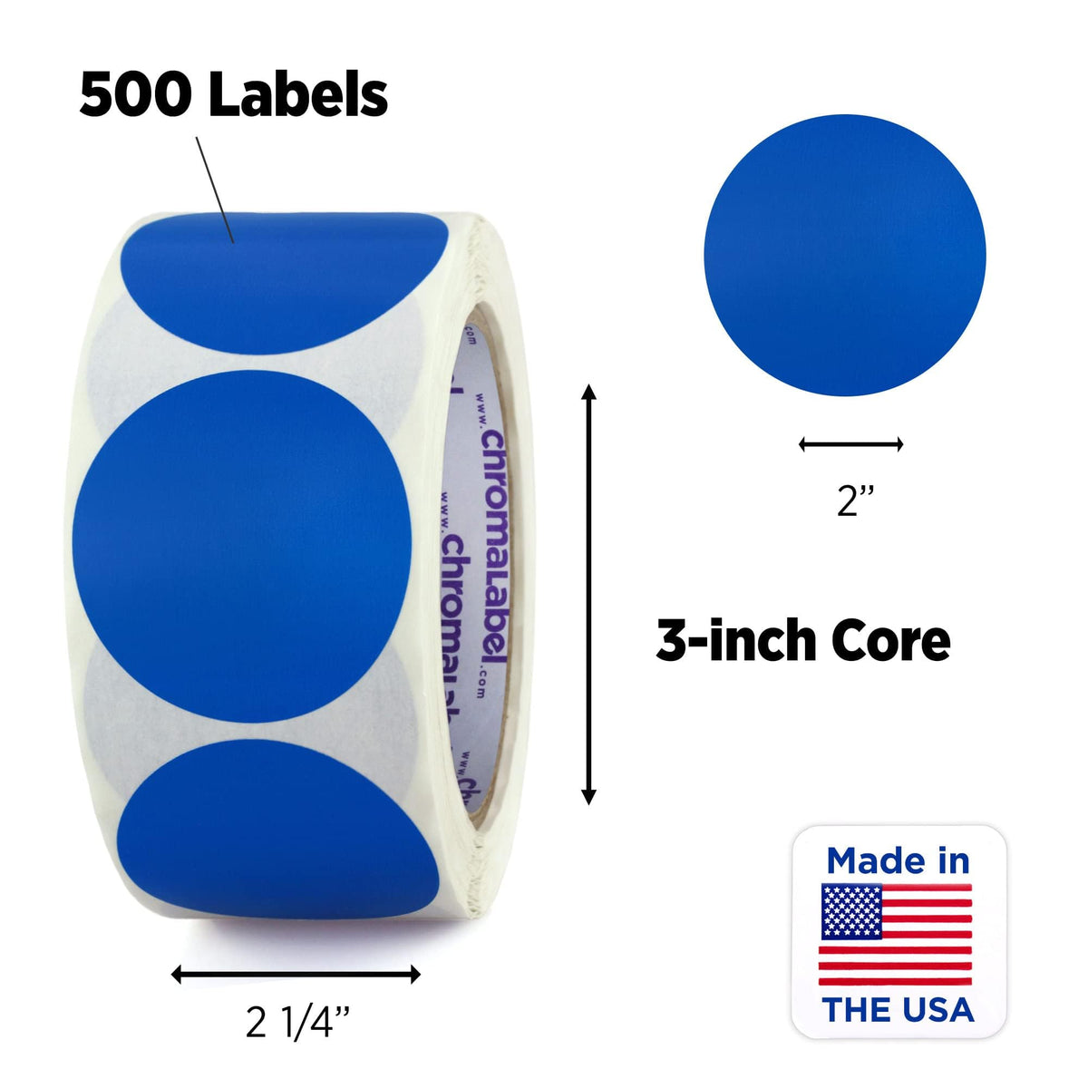 ChromaLabel 2-inch dark blue round removable color code dot stickers for warehouse inventory, high visibility, 500 labels per roll