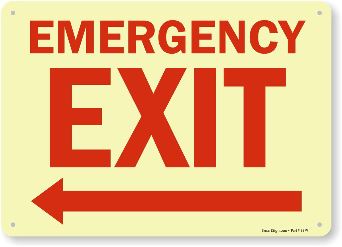 SmartSign - S-1491G-GR-14 "Emergency Exit" Sign with Left Arrow | 10"x 14" Glow-in-the-Dark Aluminum Emergency Exit_Left Arrow 10" x 14"