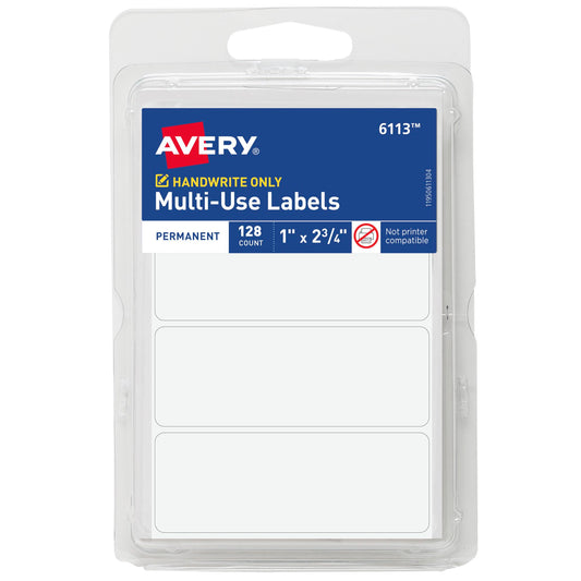 Avery Multi-Use Permanent Labels, 1" x 2.75", White, Non-Printable, 128 Blank Labels Total (6113) 1 Pack