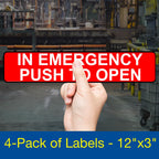 ComplianceSigns.com in Emergency Push to Open Label Decal, 12x3 inch 4-Pack Vinyl for Enter/Exit, Made in USA
