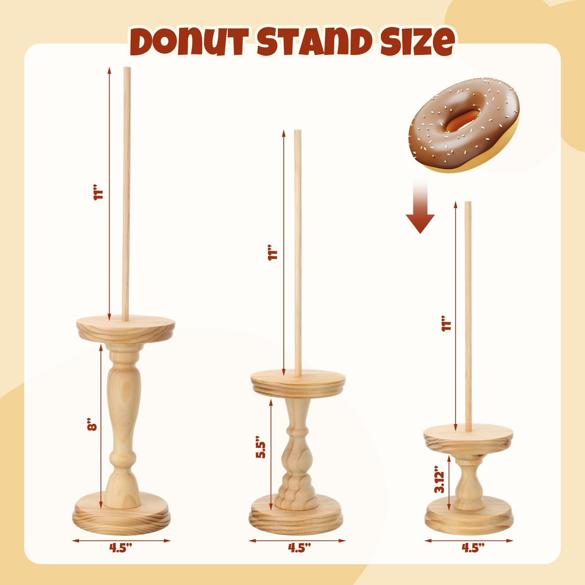 Gerrii 3 Pcs Wooden Donut Stand for Dessert Table 19.5"/17"/14.6" Farmhouse Unfinished Wood Donut Holder Display Stacker Detachable Rustic Dessert Table Tower for Birthday Party (Wood, Brown)