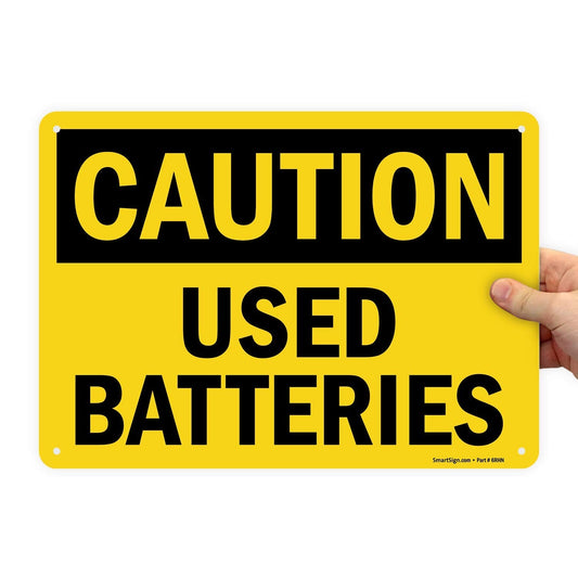 SmartSign "Caution - Used Batteries" Sign | 10" x 14" Aluminum Black on Yellow