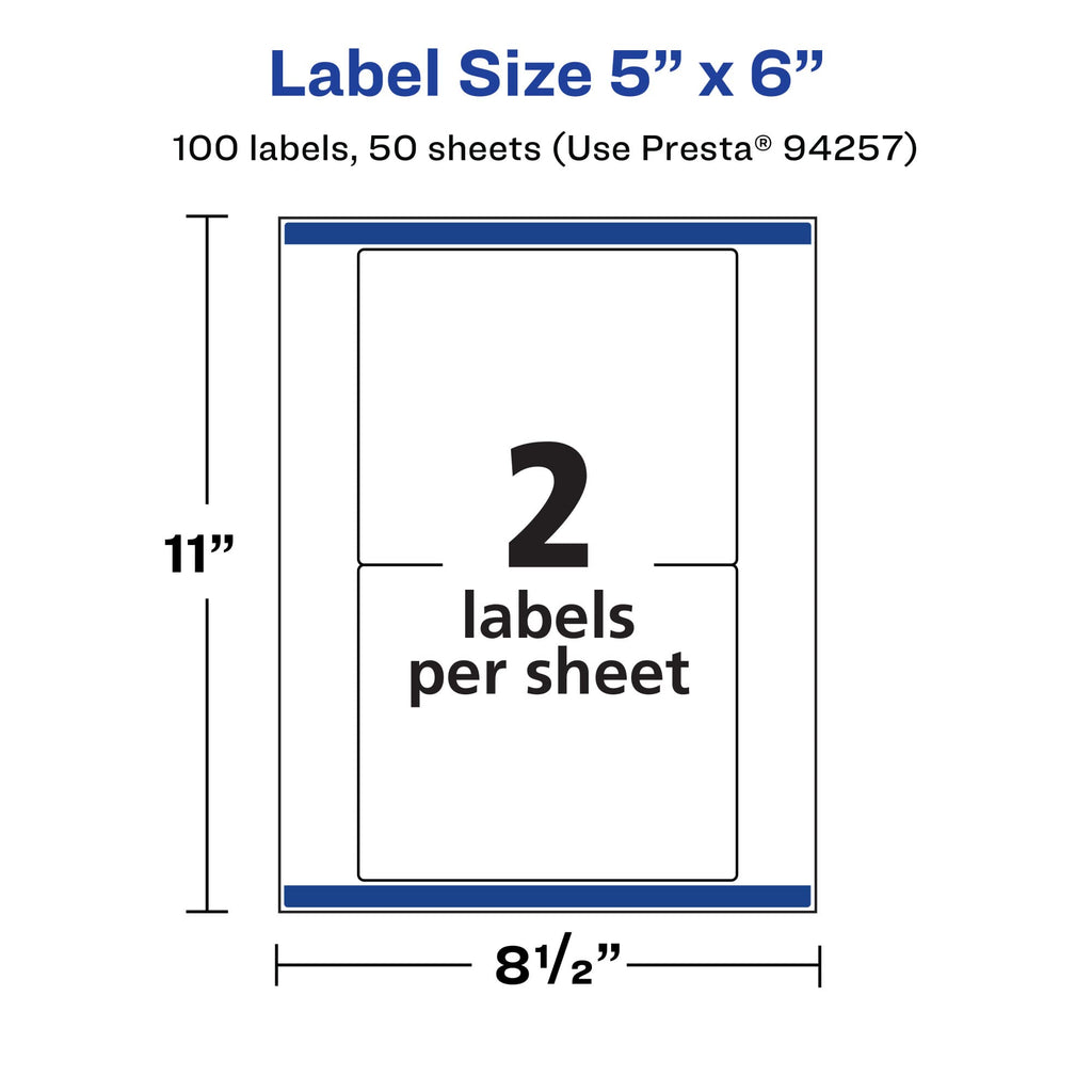 Avery® Matte White Removable Rectangle Labels, Sure Feed® Technology, 5" x 6", 100 Removable Labels, Laser/Inkjet Printable 100 labels