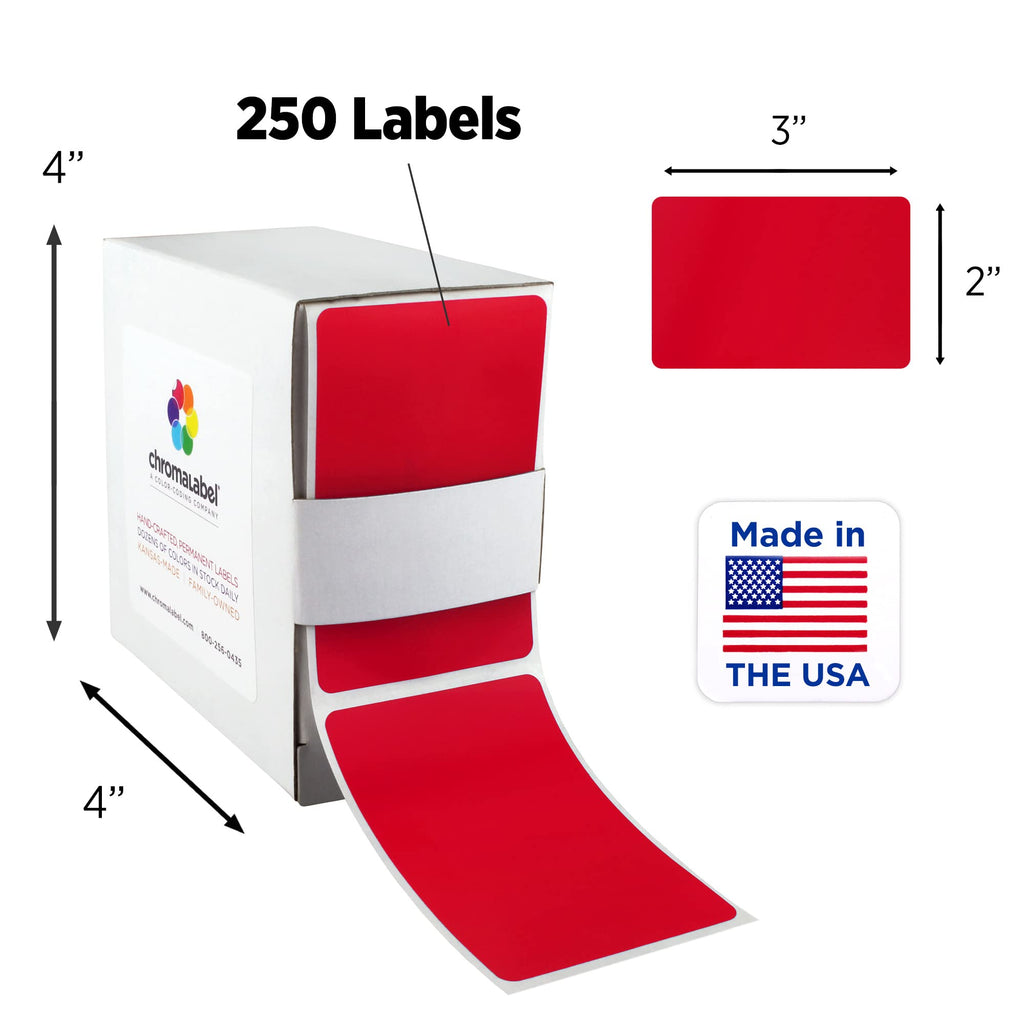 Two packs of ChromaLabel 2x3 inch red color-coding rectangle labels, 250 per dispenser box, ideal for organizing and labeling.