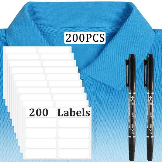 200 Pcs No-Iron Fabric Labels, Writable Self Adhesive Name Labels, Name Tags for Clothes, Washable Clothing Labels with 2 Pcs Permanent Fabric Markers for Nursing Home College Camp Day Care