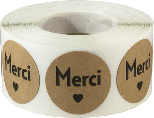 Merci French Thank You Natural Kraft Adhesive Stickers 1 Inch Round Labels 500 Labels Per Roll
