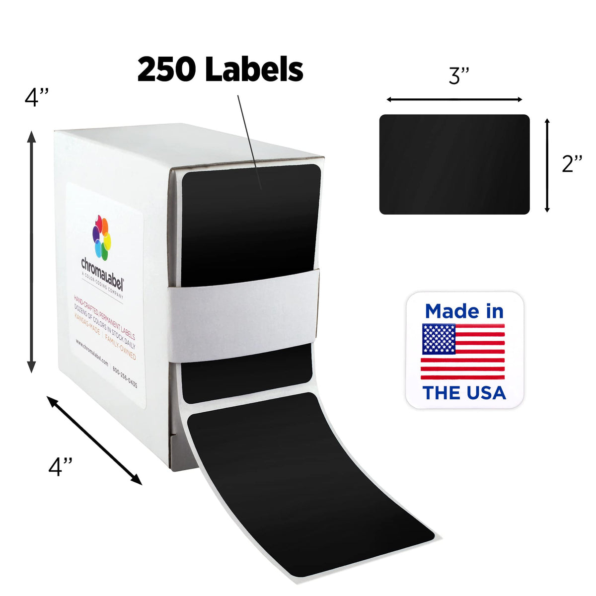 ChromaLabel black all-purpose 2x3 inch permanent color code rectangle labels with 100 stickers in dispenser box