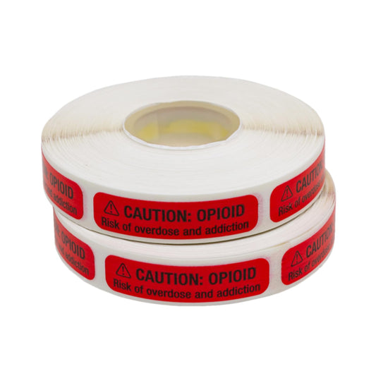 Apothecary Products Caution Tape and Labels, Great for Pharmacy and Tubes, Opioid Risk of Overdose and Addiction, Pack of 1000, Made in the USA