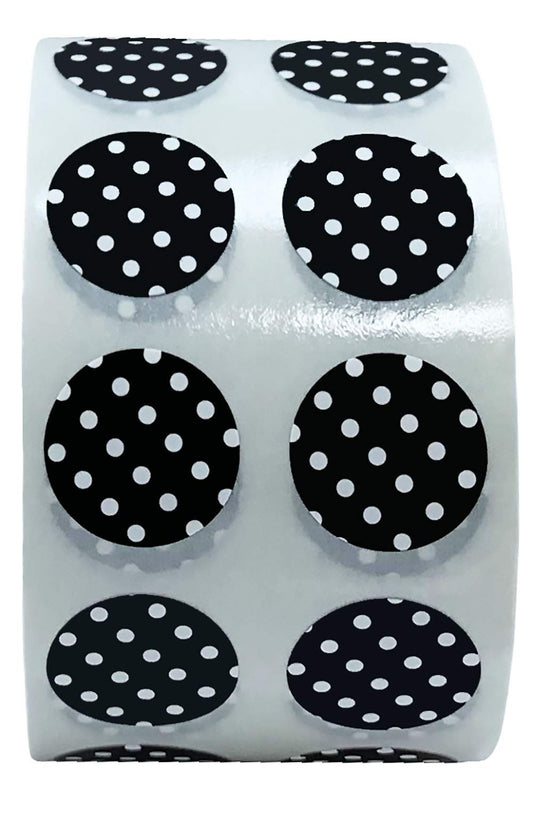 1/2" Inch Small Black Label with White Polka Dots, 1,000 Total Adhesive Stickers on a Roll for Efficient Inventory Management, Crafting Projects, and Organization in Offices, Schools, and Homes Black W White